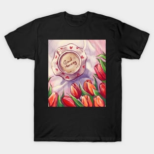 Illustration artwork with coffee red tulips flowers T-Shirt